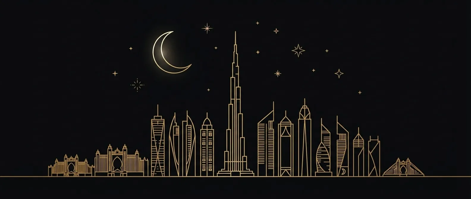 Crescent moon over Dubai skyline illustration